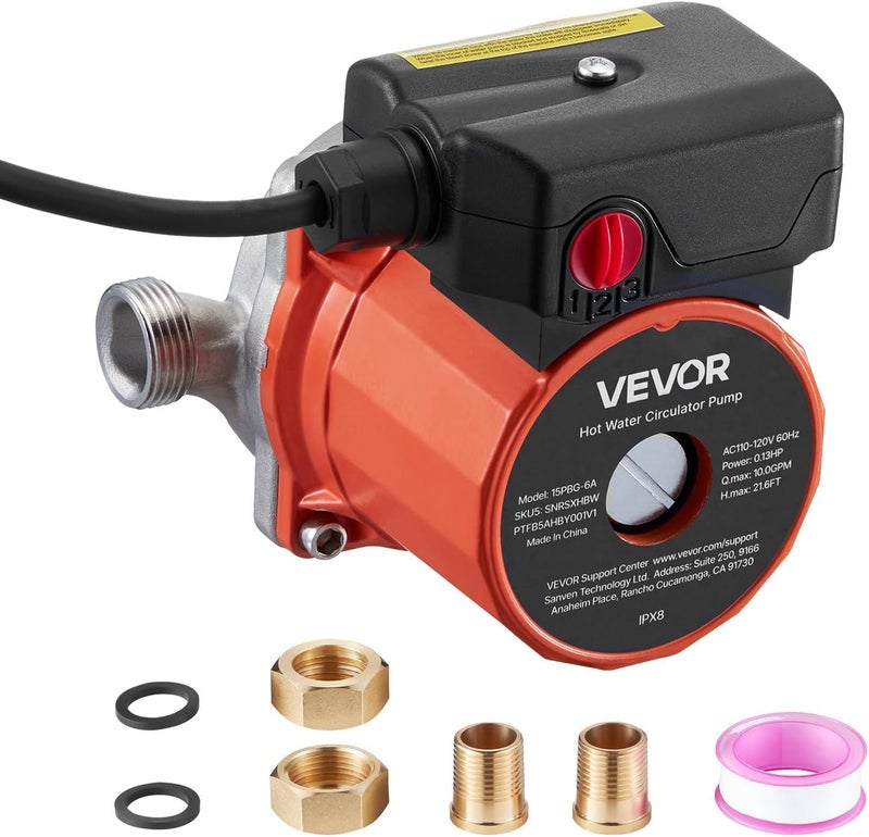 VEVOR مضخة إعادة تدوير المياه الساخنة، 10 جالون في الدقيقة، نظام مضخة تدوير فوري، تحكم بسرعة 3، 0.13 حصان، 110-120 فولت، محول NPT 3/4 بوصة إلى NPT 1/2 بوصة، رأس من الفولاذ المقاوم للصدأ، لمدافئ المياه - Image 1